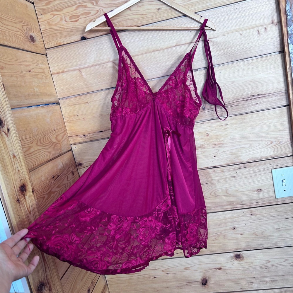 Vintage Lingerie Slip Dress Womens Medium Magenta Mesh Lace Floral Y2K‎ Coquette